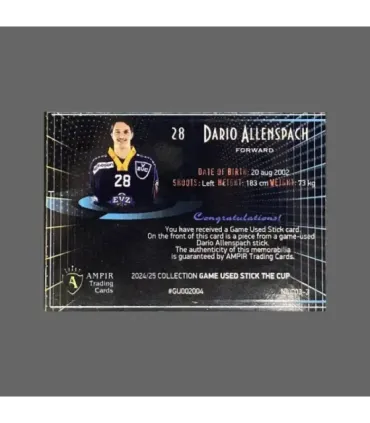 2024/25 AMPIR Game Used Stick The Cup #NLC03-3 Dario Allenspach (EV Zug) 1 of 1 | AMPIR Trading Cards