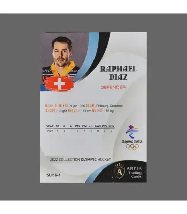 2022 AMPIR Olympic Games Hockey #SUI16-1 Raphael Diaz (EV Zug)  | AMPIR Trading Cards