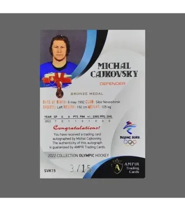 2022 AMPIR Olympic Games Hockey #SVK15 Michal Cajkovsky (Team Slovakia) autograph 3/15 | AMPIR Trading Cards