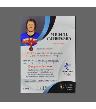 2022 AMPIR Olympic Games Hockey #SVK15-1 Michal Cajkovsky (Team Slovakia) autograph 3/15 | AMPIR Trading Cards