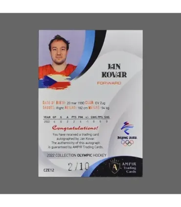 2022 AMPIR Olympic Games Hockey #CZE12 Jan Kovar (Team Czech Republic) autograph 2/10 | AMPIR Trading Cards