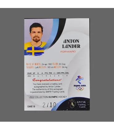 2022 AMPIR Olympic Games Hockey #SWE19 Anton Lander (Team Sweden) autograph 2/10 | AMPIR Trading Cards