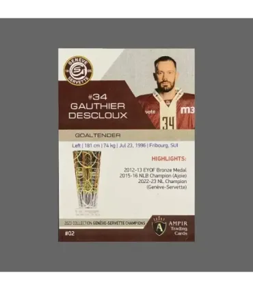 2023 AMPIR Geneve-Servette Champions #02 Gauthier Descloux  GK | AMPIR Trading Cards