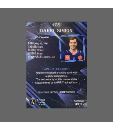 2024/25 AMPIR Jersey Hockey #JER10 Dario Simion (EV Zug)  | AMPIR Trading Cards