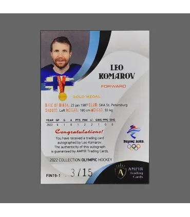 2022 AMPIR Olympic Games Hockey #FIN19-1 Leo Komarov (Team Finland) autograph 3/15 | AMPIR Trading Cards