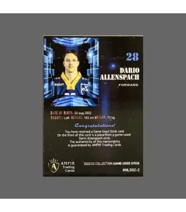 2022/23 AMPIR Game Used Stick #NLS02-2 Dario Allenspach (EV Zug)  | AMPIR Trading Cards
