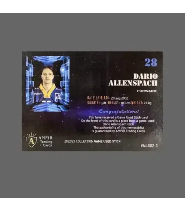 2022/23 AMPIR Game Used Stick #NLS02-3 Dario Allenspach (EV Zug) 1 of 1 | AMPIR Trading Cards