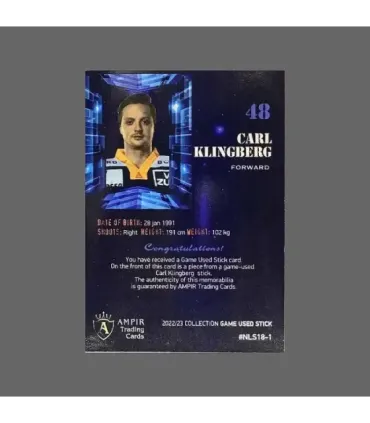 2022/23 AMPIR Game Used Stick #NLS18-1 Carl Klingberg (EV Zug)  | AMPIR Trading Cards