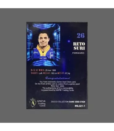 2022/23 AMPIR Game Used Stick #NLS21-1 Reto Suri (EV Zug)  | AMPIR Trading Cards